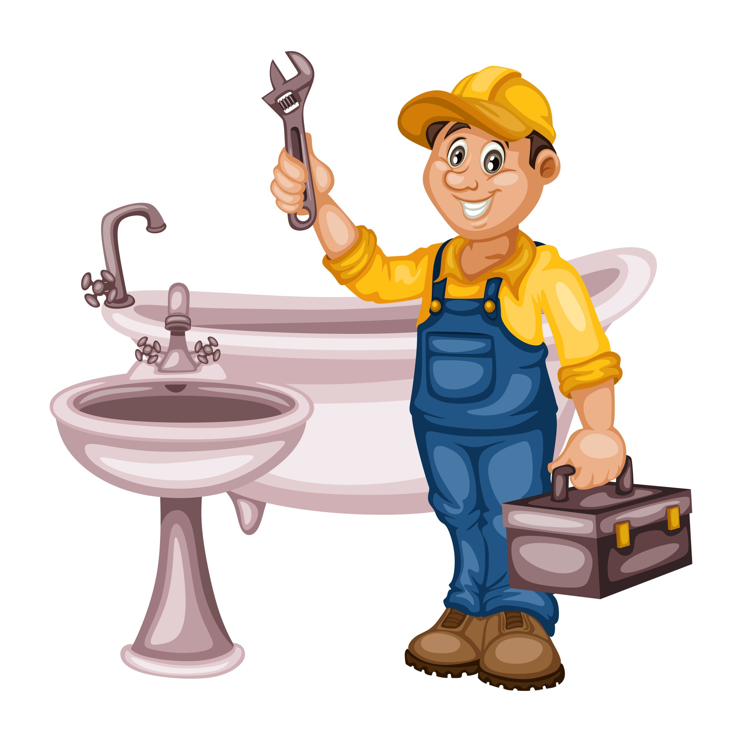 A plumbing specialist cartoon vector with a toolbox, repairing a bathtub and lavatory. Representing an emergency plumber Sydney.